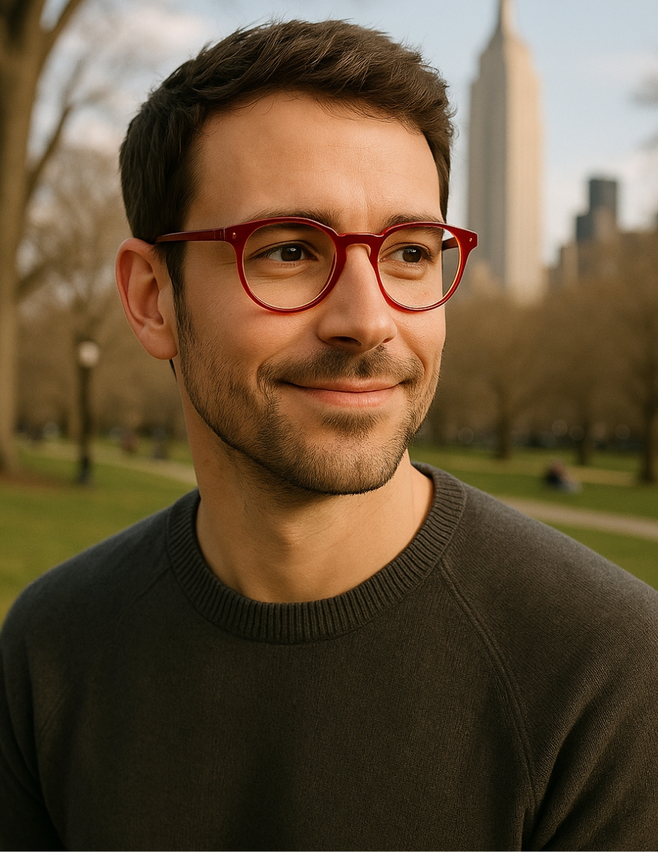 Mann mit knallroter Brille. 